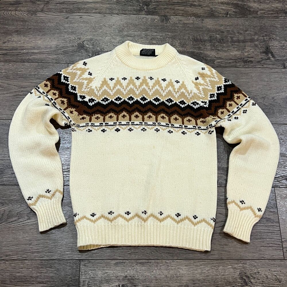 Vintage Akinsor Nordic Fair Isle Knit Sweater Cream Brown Made in Taiwan